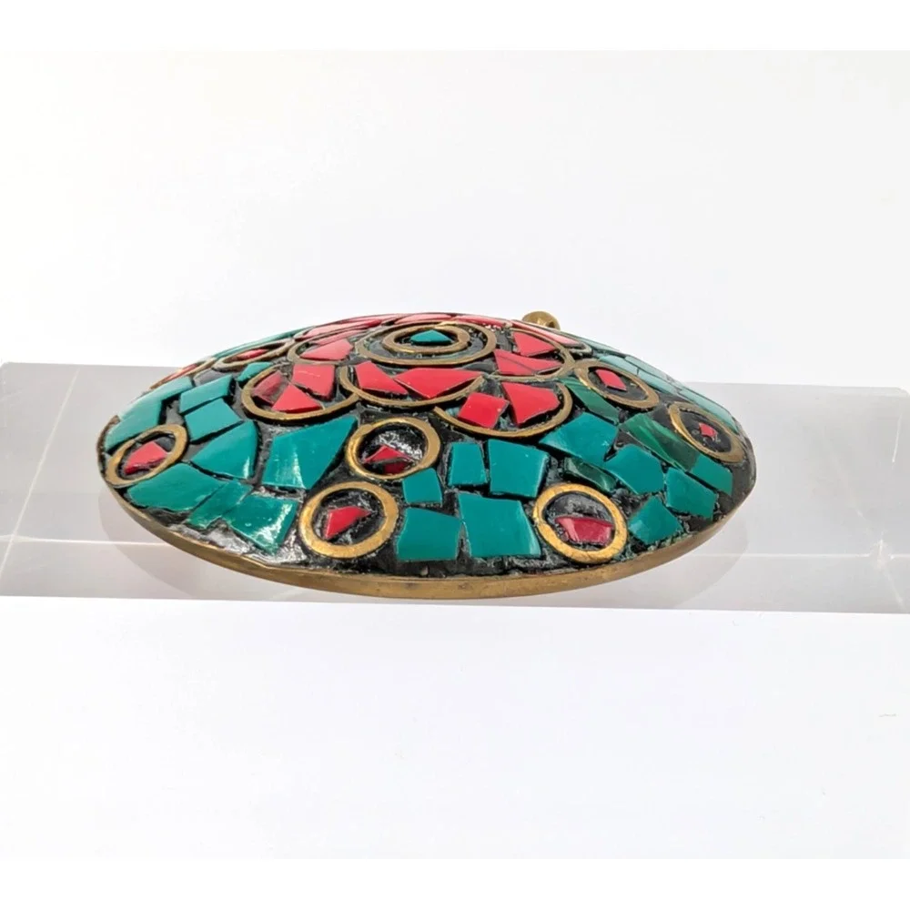 Vintage‎ Tibetan Dome Medallion Pendant Brass Red Blue Inlay Mosaic Statement
